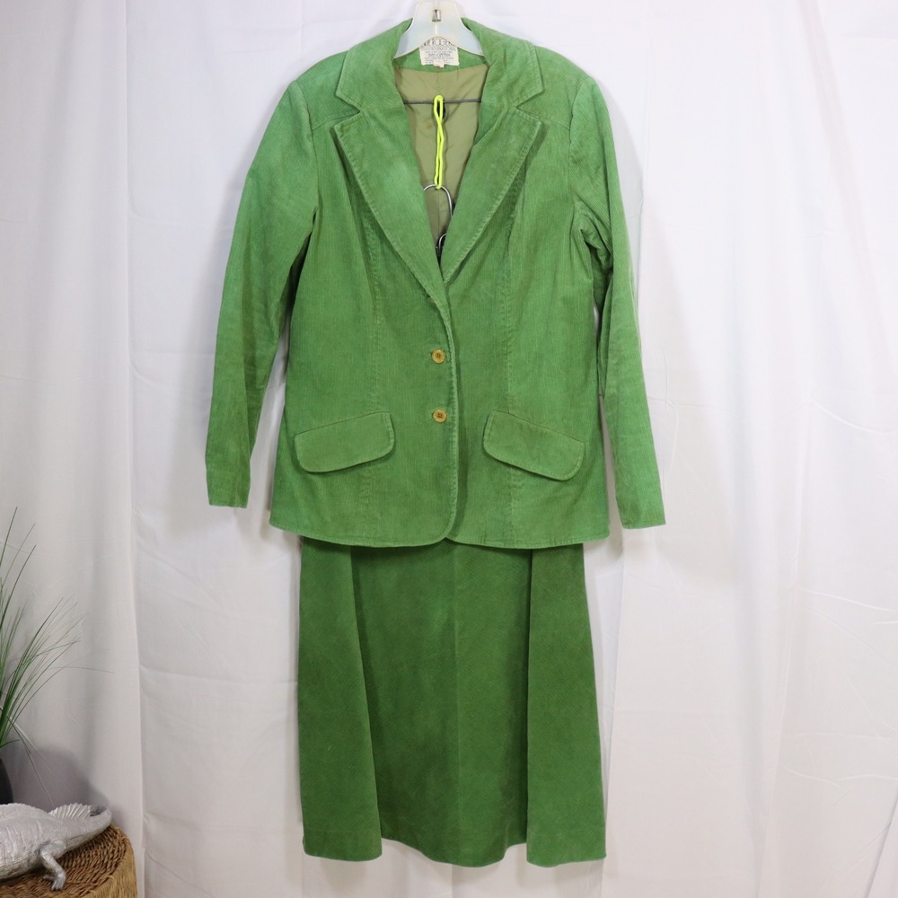 Paul Rogers Corduroy Skirt Suit Green Womens Vintage 100% Cotton Set